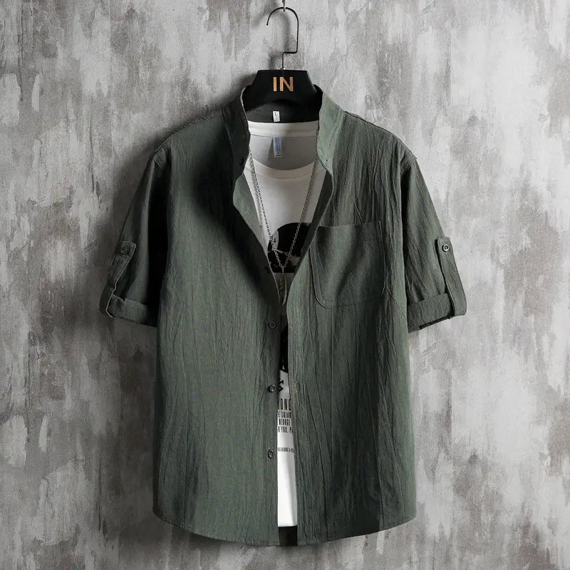 Men's Plus Size Solid Green Short Sleeve Cotton Shirt