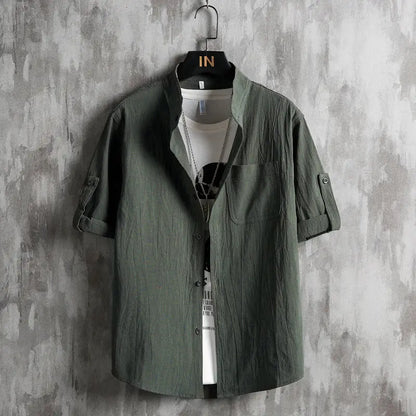 Men's Plus Size Solid Green Short Sleeve Cotton Shirt