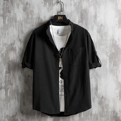 Men's Plus Size Solid Green Short Sleeve Cotton Shirt