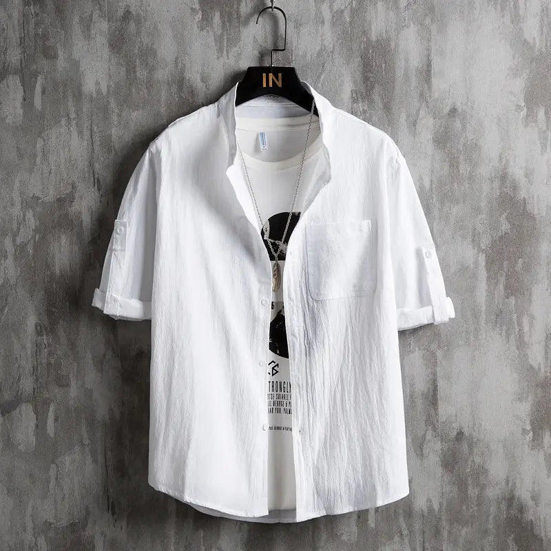 Men's Plus Size Solid Green Short Sleeve Cotton Shirt