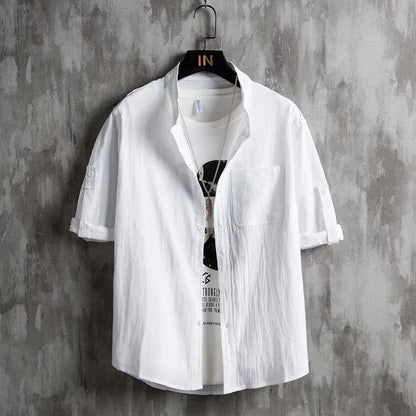 Men's Plus Size Solid Green Short Sleeve Cotton Shirt