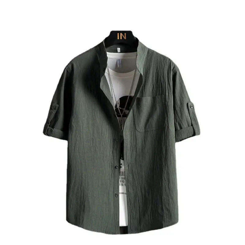Men's Plus Size Solid Green Short Sleeve Cotton Shirt