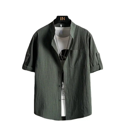 Men's Plus Size Solid Green Short Sleeve Cotton Shirt