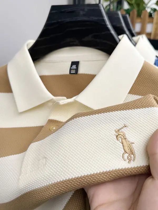 Men's Khaki Striped Short Sleeve Polo Shirt