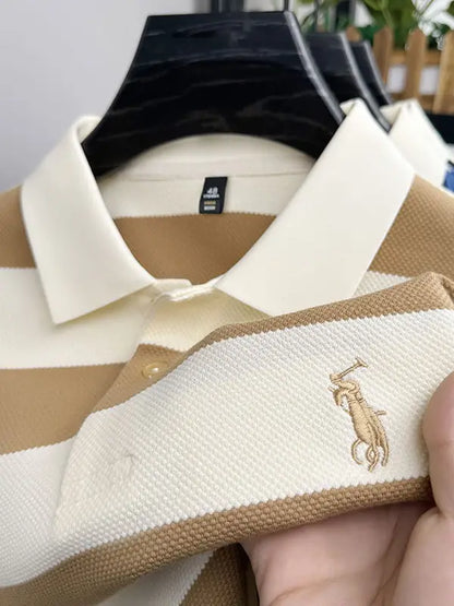 Men's Khaki Striped Short Sleeve Polo Shirt