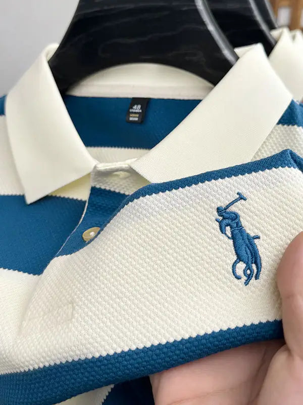 Men's Khaki Striped Short Sleeve Polo Shirt