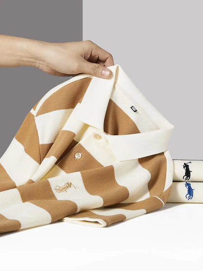 Men's Khaki Striped Short Sleeve Polo Shirt
