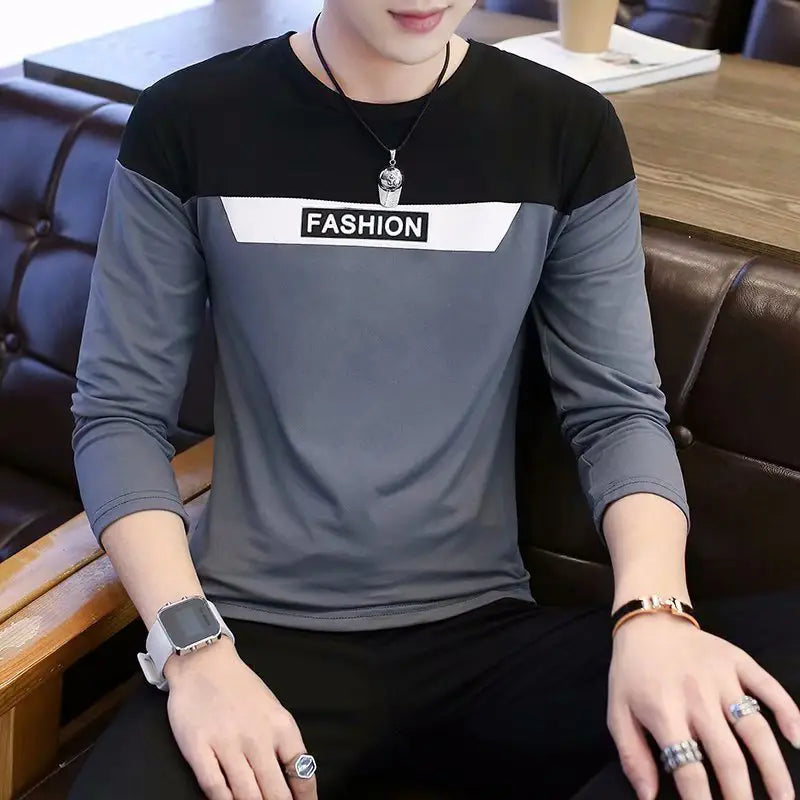Men's Casual Long Sleeve Block T-Shirt (Grey & Black)
