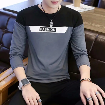 Men's Casual Long Sleeve Block T-Shirt (Grey & Black)