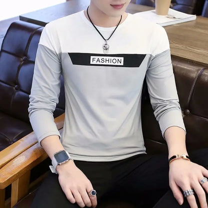 Men's Casual Long Sleeve Block T-Shirt (Grey & Black)