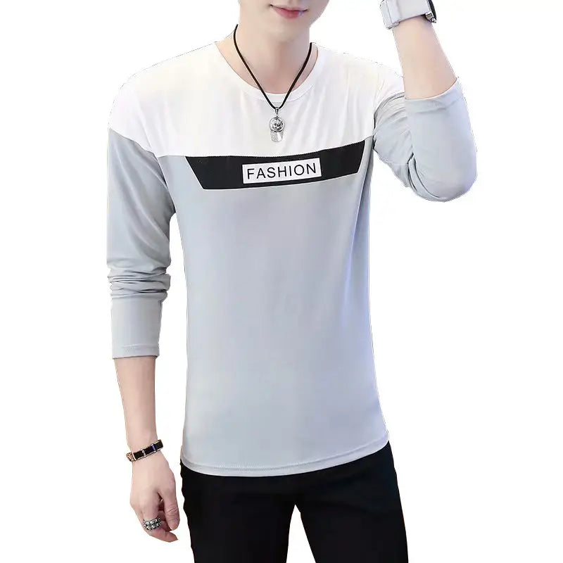 Men's Casual Long Sleeve Block T-Shirt (Grey & Black)